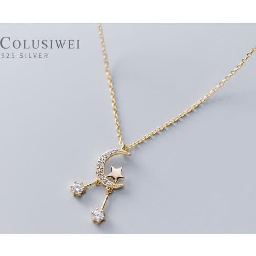 Colusiwei Genuine 925 Sterling Silver Luminous AAA CZ Stars Crescent Pendant Necklace for Women Wedding Original jewelry Gift