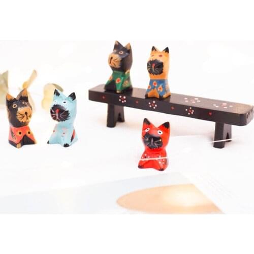 Wooden Cat Figurine Fairy Garden Statue Miniature Cat Figures Ornament Decor