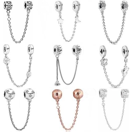 DIY Charms Moon Star Two Decorative Butterflies Daisy Flower Safety Chain 925 Sterling Silver Bead Fit Pandora Bracelet Jewelry