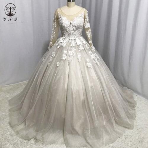 Designer Vestidos De Novias Illusion O Neck Appliqued Beaded Long Sleeve Sweep Train Ball Gown Wedding Dresses