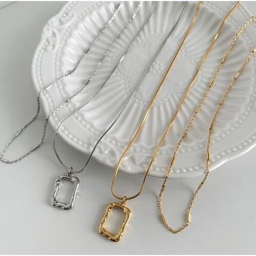 HUANZHI 2020 Retro Double Layered Metal Geometric Square Hollow Pendant Sweater Chain Necklaces for Women Girls Delicate Jewelry