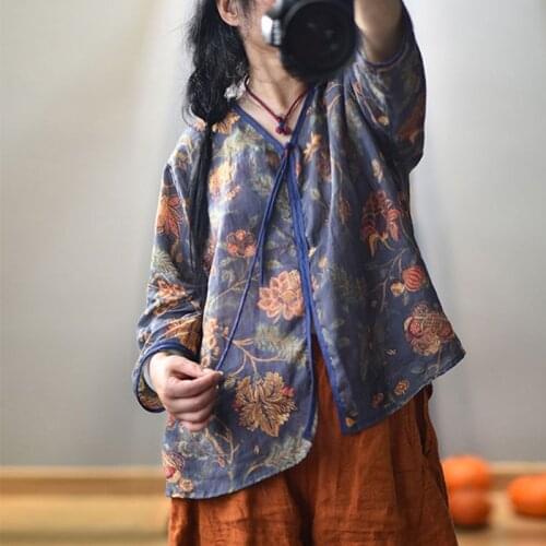 Johnature Women Autumn Vintage Shirts Print Floral V-Neck Nine Sleeve Loose 2021 New Ramie Female 7 Color Blouses Loose Shirts