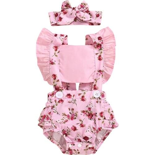 2020 Summer Newborn Infant Baby Girls Clothes Ruffles Floral Flowers Romper Bodysuit Hairband Outfits 6 12 18 24 Months