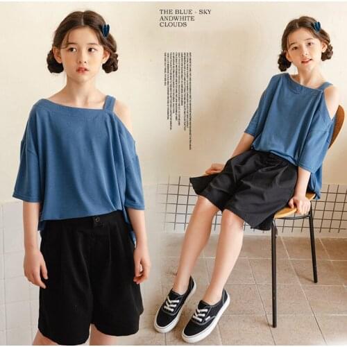 Teen Girls Summer Sets 2021 Cotton Kids Strapless Blue Short-sleeved T-shirt Black Shorts Two-piece Suit for Girls Clothing
