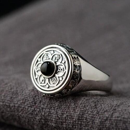 2020 new s silver retro domineering Chinese style Buddha Dao black chalcedony opening adjustable mens ring