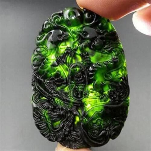 Natural Black Green Jade Carved Dragon Phoenix Pendant Necklace Amulet Jewelry