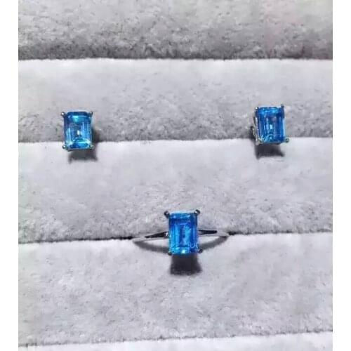 Natural blue topaz gem jewelry sets natural gemstone ring Earrings 925 silver Stylish Elegant simple square women party jewelry