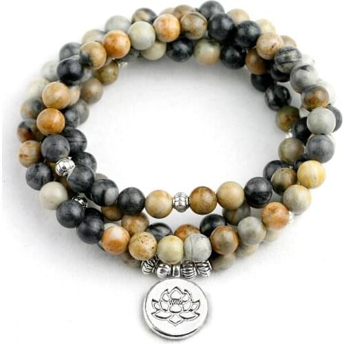 Natural Picasso Stone 108 Beaded Mala Yoga Bracelet or Necklace Women Men Ohm Charm Unisex Jewelry Gift Drop shipping