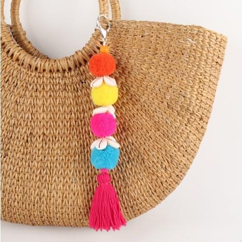 New Women Bag Jewelry Shell Long Tassel keychain Boho Colorful Pompon Keyring For Women Trinket Gift