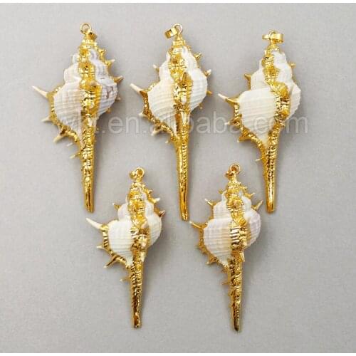 WT-JP023 Wholesale Custom White Trumpet Shell Long Pendant With Full Gold Surround In High quality Fashion Shell Design Pendant