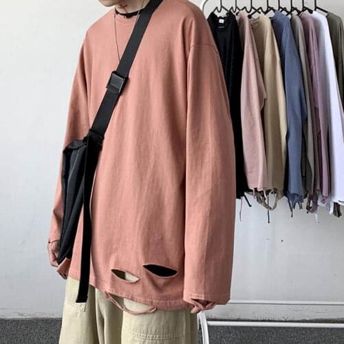 Autumn Hole T-shirt Women T Shirt Couple Hong Kong Trend Wild Loose Korean Student Long-sleeved Upper Clothes Bottoming Shirt