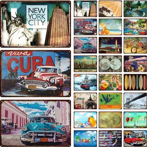Custom Summer City London New York Hawaii Seaside Vacation Travel Retro Decorative Metal Plaque Tin Paint Anti-fading Tin Sign