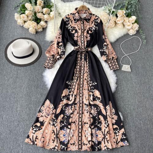 Luxury Europe Style 2021 Spring Autumn Elegant Women Long Sleeve Vintage Floral Print Long Dress Female Party Dresses Vestido