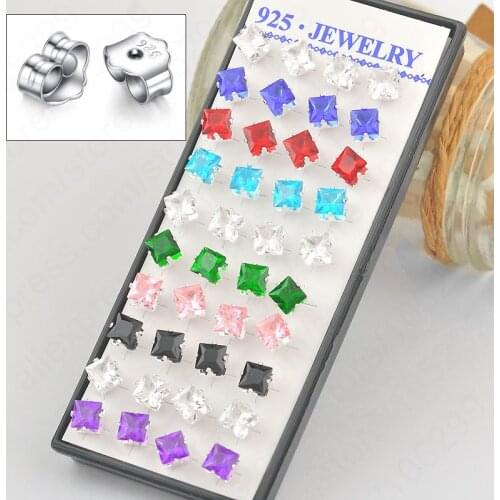 Wholesale 80PCS(40prs) 925 Sterling Silver Stud Earrings Square Rhinestone Crystal Jewelry With Box Sizes 6mm Multi Colors