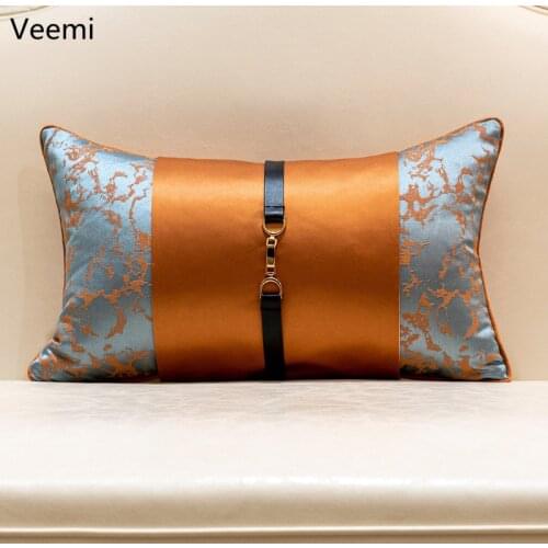 Modern Polyester Jacquard Orange Cushion Cover Waist Pillowcase Luxury Metal Buckle Splicing Design Decor for Living Room Sofa