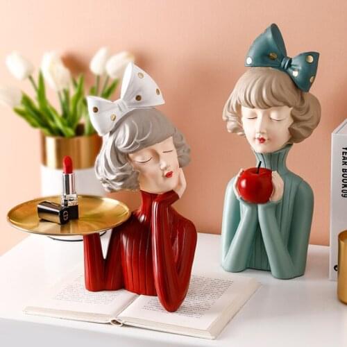 Modern Luxury Bowknot Girl Resin Figurines Home Decoration People Bust Storage Plate Gilr Statue For Room Decor Wedding Gifts