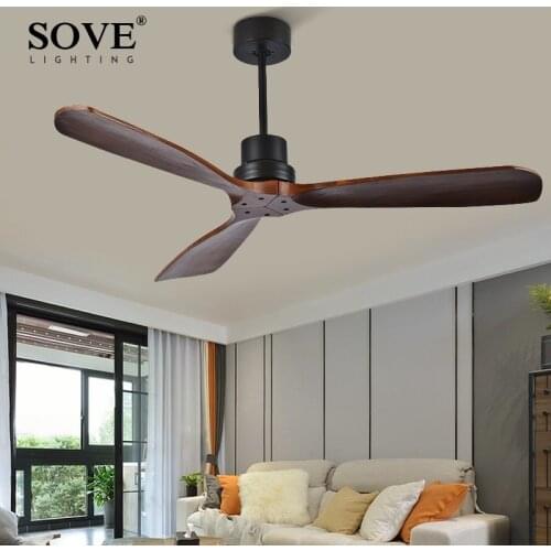 SOVE 52 Inch Wooden Ceiling Fans Without Light Home Bedroom Living Room Fan 220v Ceiling Fan Wood Remote Control 3 Wooden Blades