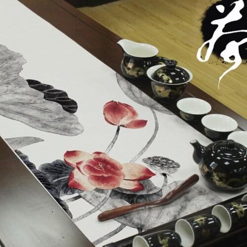 Chinese Style Vintage Lotus Tea Table Runner Tea Mat Cotton Linen Painting Long Table Cloth Printed Furniture Home Decor