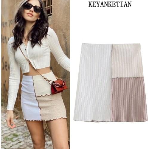 KEYANKETIAN BSK contrast stitching high waist bag hip temperament threaded knitted short skirt ladies fashion sexy mini skirt