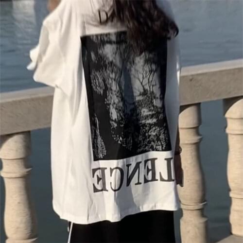 Short-sleeved Loose Korean Japan White Students Ulzzang Top Woman Printed Tshirts Punk Clothes Goth Harajuku Y2k Aesthetic Tee