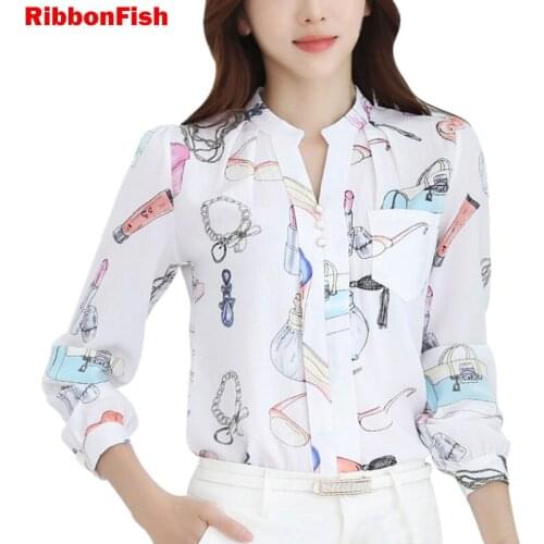 RibbonFish Women Spring Autumn Style Chiffon Blouses Shirts Casual V-Neck Printed Office Work Wear OL Blusas Tops DD1413