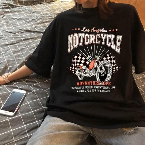 2021 summer fashion motorcycle and slogan graphic printing loose T-shirt retro letter streetwear womens bottoming shirt top