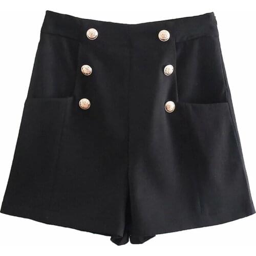 Women 2021 Chic Fashion Black Side Pockets Buttons Shorts Vintage High Waist Side zipper Female Short Femme