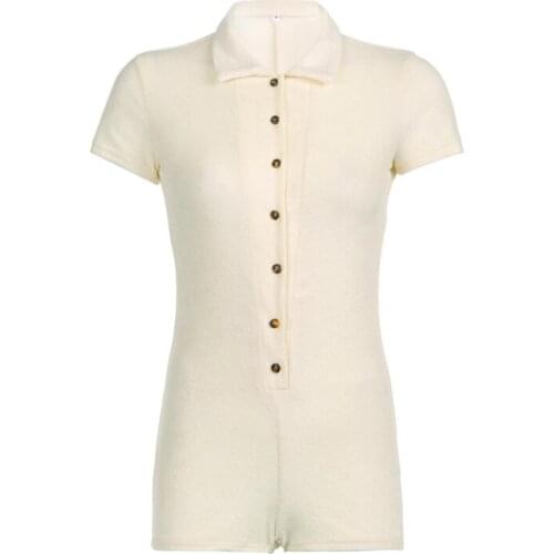 Women Solid Color Short Romper Slim Fit Short Sleeve Lapel Neck Jumpsuit for Summer Pink Khaki Black