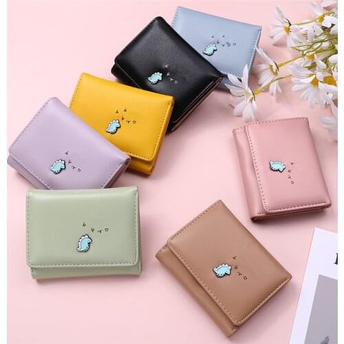 Women Cute Small Dinosaur Wallet Buckle Folding Girl Wallet Pu Leather Coin Purse Female Card Holder