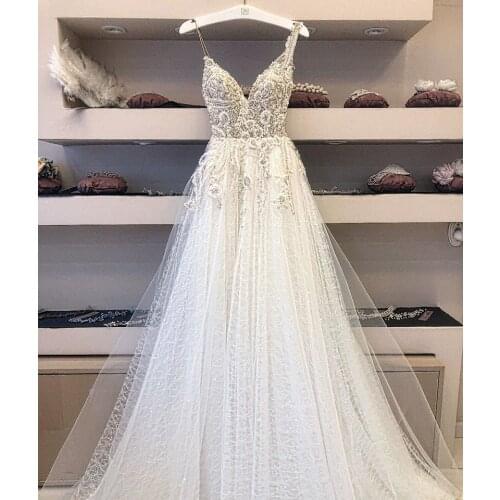 Custom Made V Neck Heavy Beaded A Line Tulle Skirt Long Bridal Dress فستان الزفاف 2020 New Design Wedding Dress