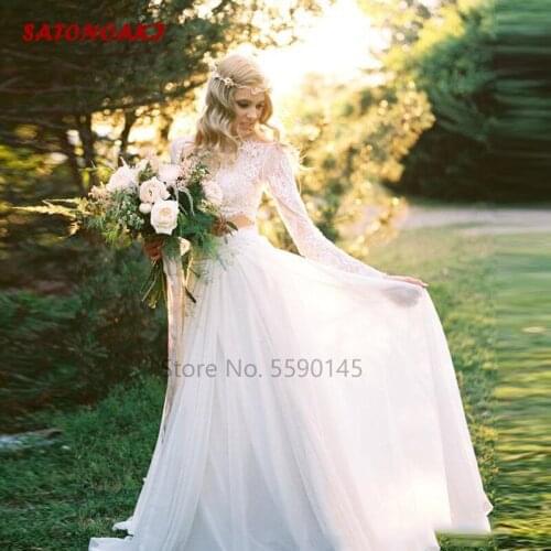 2020 New Romantic Two Pieces Boho Wedding Dress Long Sleeves Lace Top Chiffon Beach Country Bridal Gowns Vestido De Novia Online
