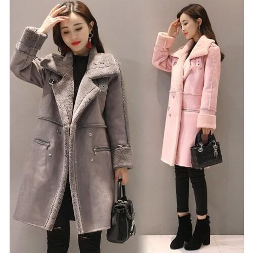 2021 Winter Lamb Pink Grey Woolen Coat Women Plush Thickened Double Breasted Loose Woman Coats Autumn Clothes