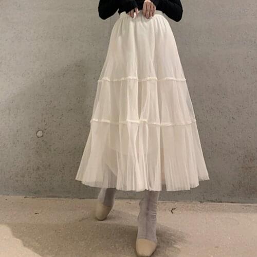 3 Layered Womens Pleated 2021 Spring Elastic Waist Diamonds Beaded Black Mesh Tulle Long Skirt Female