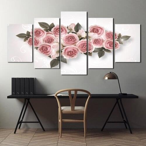 Canvas Print 5 Pieces Poster Nordic Pink Flower Rose Wall Art Picture Nordic Painting for Living Room Bedroom Wall Decor