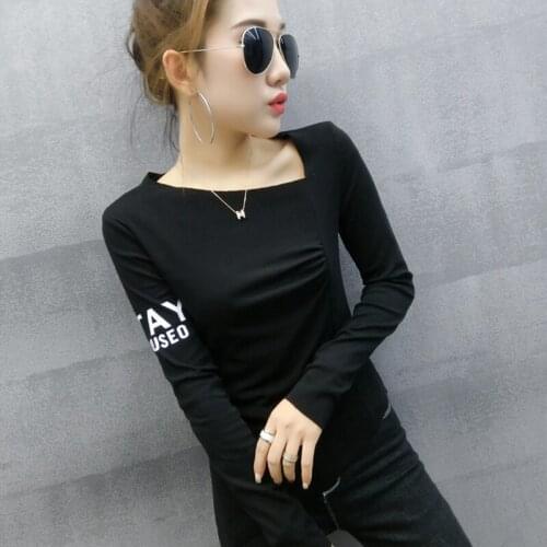 #5540 Black White Grey Irregular T Shirt Women Cotton Sexy Casual Basic Tee Shirt Vogue Harajuku Letters Printed T-shirt Female