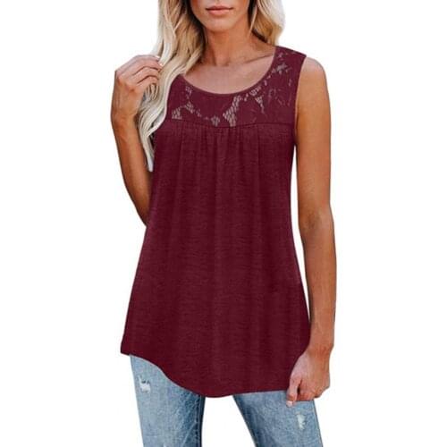 Plus Size Women Blouse Top Casual Loose Lace Solid Color Sleeveless Pleated Tops Daily Wear Tank-Top Summer 2021