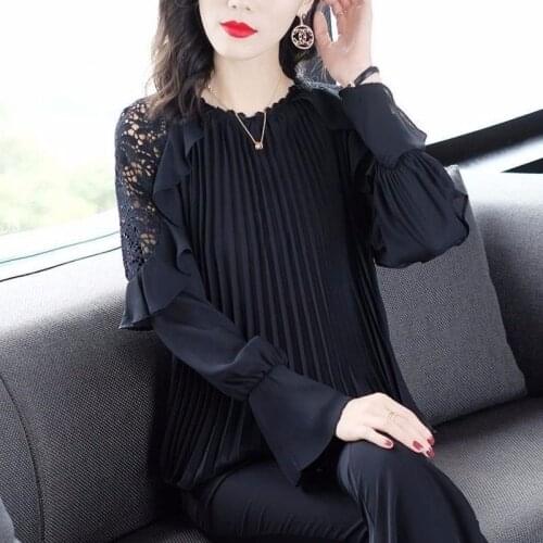 Black Hollow Crochet Long-sleeved Ruffled Chiffon Shirt 2021 New Spring Autumn Striped Pleated Bottoming Shirt Women Plus Size