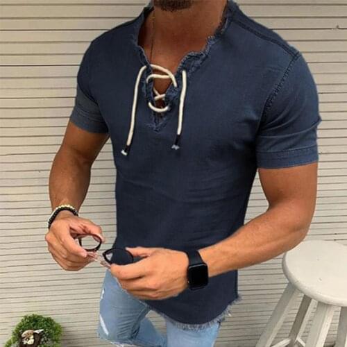 Men Plus Size Shirt Top T-shirt Viking V Neck Lace-up Summer Solid Color Short Sleeve Top Casual Shirts Tees For Mens Clothing