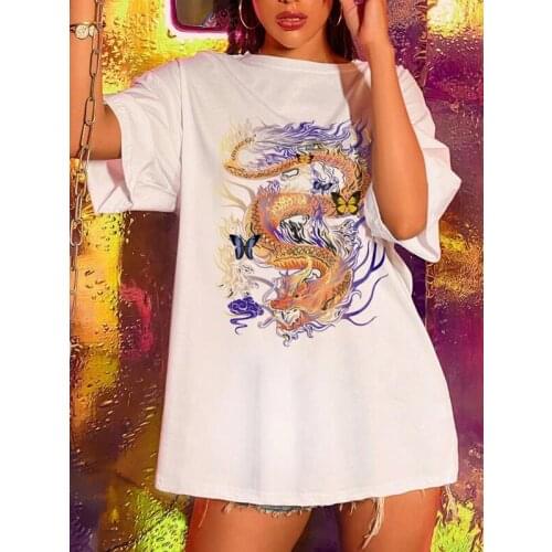 Oversized T-shirt Ulzzang Harajuku Dragon Print Streetwear Tee Tops Womens T Shirt Summer Short Sleeve T-Shirt Female Clothes