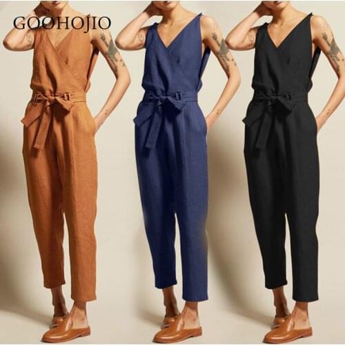 GOOHOJIO New 2021 Women Solid Printed Pocket V-neck Sleeveless Long Straight Jumpsuits Summer Overalls Female Jumpsuits Ladies