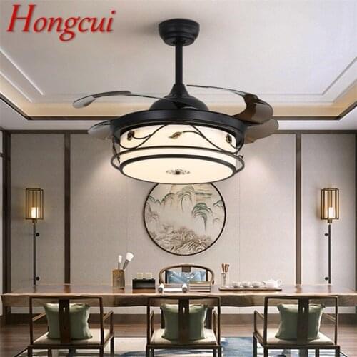 Hongcui Modern LED Ceiling Fan Light Black With Remote Control 3 Colors LED For Home Dining Room Bedroom Restaurant