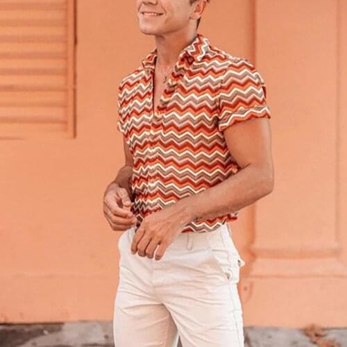 Summer new mens wave stripe printed polyester short-sleeved shirt