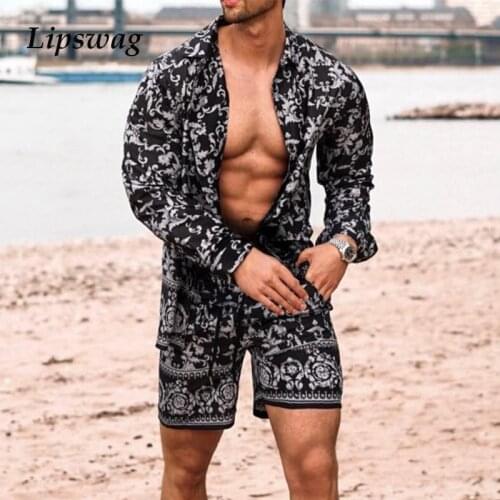 2021 Autumn New Fashion Mens 2Pc Set Vintage Pattern Printed Outfits For Men Spring Long Sleeve Shirts And Shorts Suits Hipster