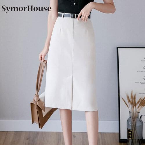 New Summer Women Skirts All-Match Black Stretch Midi Skirts With Belt Elegant Office Lady High Waist Split Bodycon Skirt Autumn