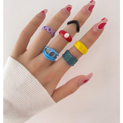Stillgirl 6Pcs Kpop Multi Color Pearl Rings for Women Aesthetic Stranger Things Geometric Female 2021 Trend Y2k Fashion Jewelry