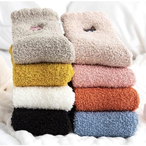 Thick Socks for Winter Womens Coral Fleece Japanese Socks Fleece Socks Embroidery Squirrel Middle Tube Warm Towel Floor Socks