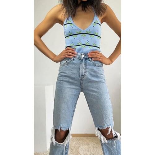 Blue Cherry Jacquard Knit Camisole 2021 summer 2021 new style outside wear beautiful back short style exposed navel top