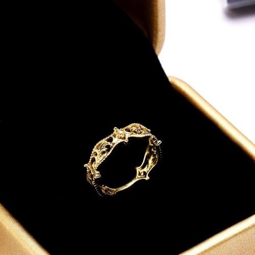 UBESTNICE New Arrival G9K Yellow Gold Lace Hollow Leaf Pattern Vintage Court Style Fine Jewelry For Women Girl White Topaz Rings