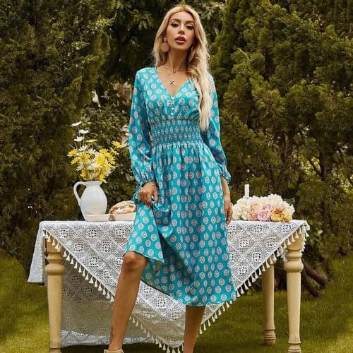 Vintage Deep V-neck Print Midi Dress Woman Long Sleeve Elastic Waist Vestidos White Elegant A-line Slim Dresses For Women 2021
