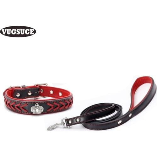 VUGSUCE Leather Dog Collar Leash Set Rhinestones Crown Dog Collar Necklace Leads for Small Medium Dogs Adjustable Pet Products
